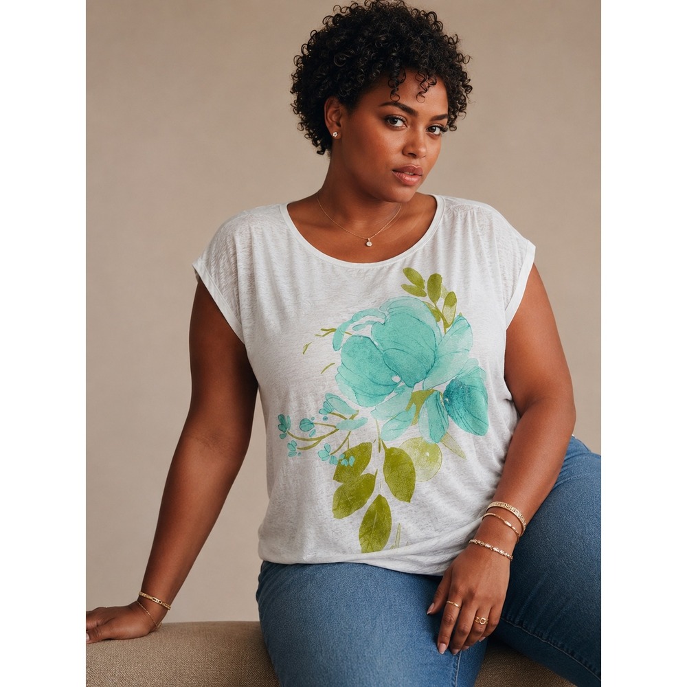 Joie Womens XL White 100% Linen Floral Graphic Cap Sleeve Knit Top Boho NEW